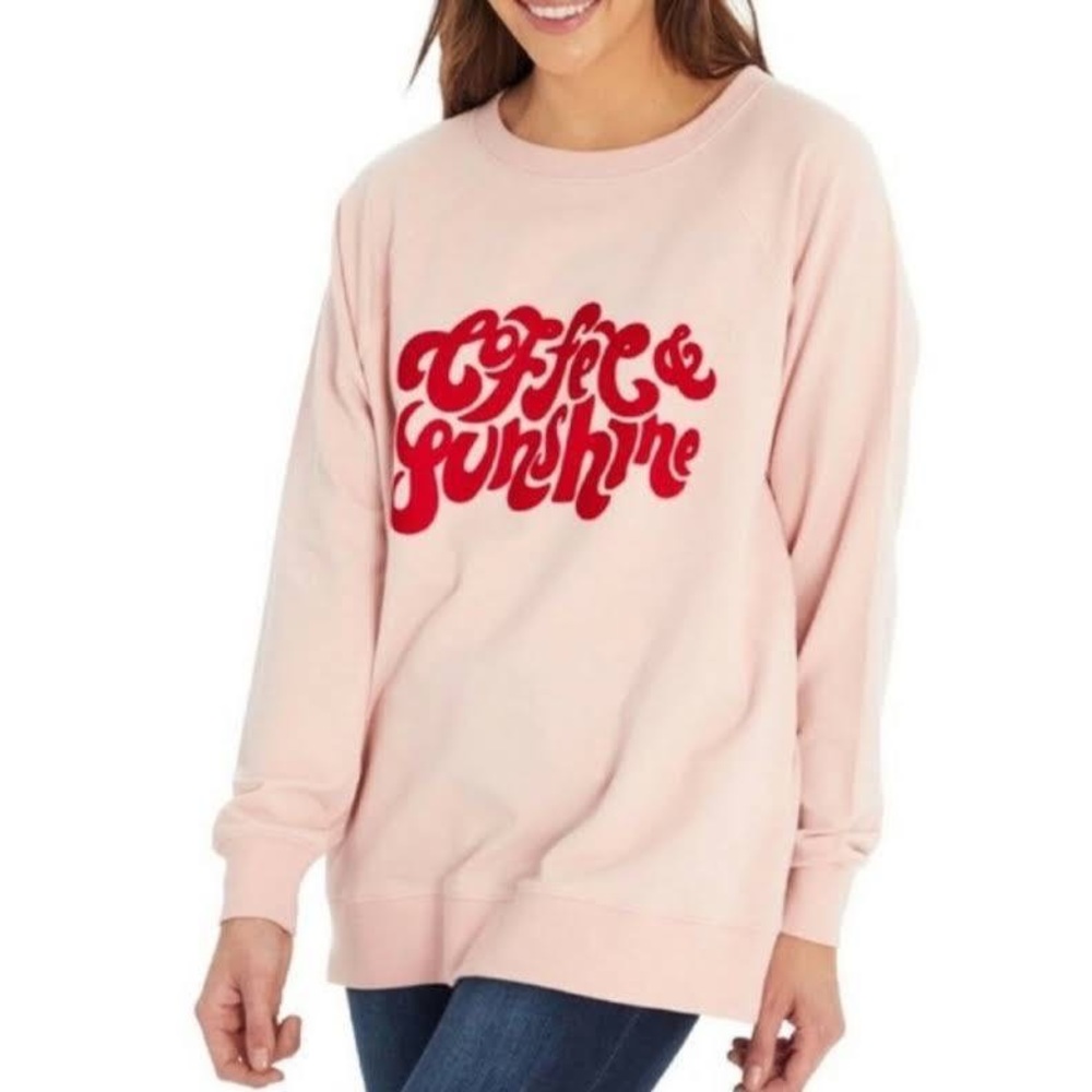Wildfox Coffee & Sunshine pink graphic flocked pullover crewneck sweatshirt